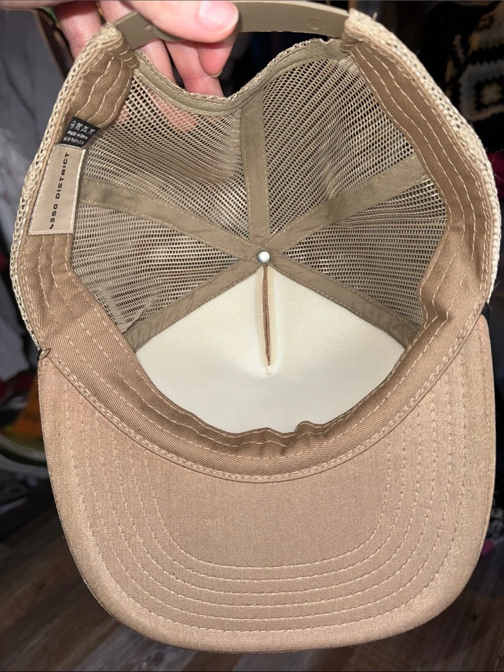 Women’s Beige Patchwork Trucker Hat with Pink and Teal Accents